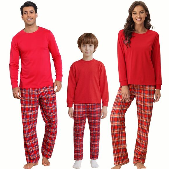 Child's Christmas Long Sleeve Tee with Pants Plaid Pajama Sets Red - Picture 1 of 4